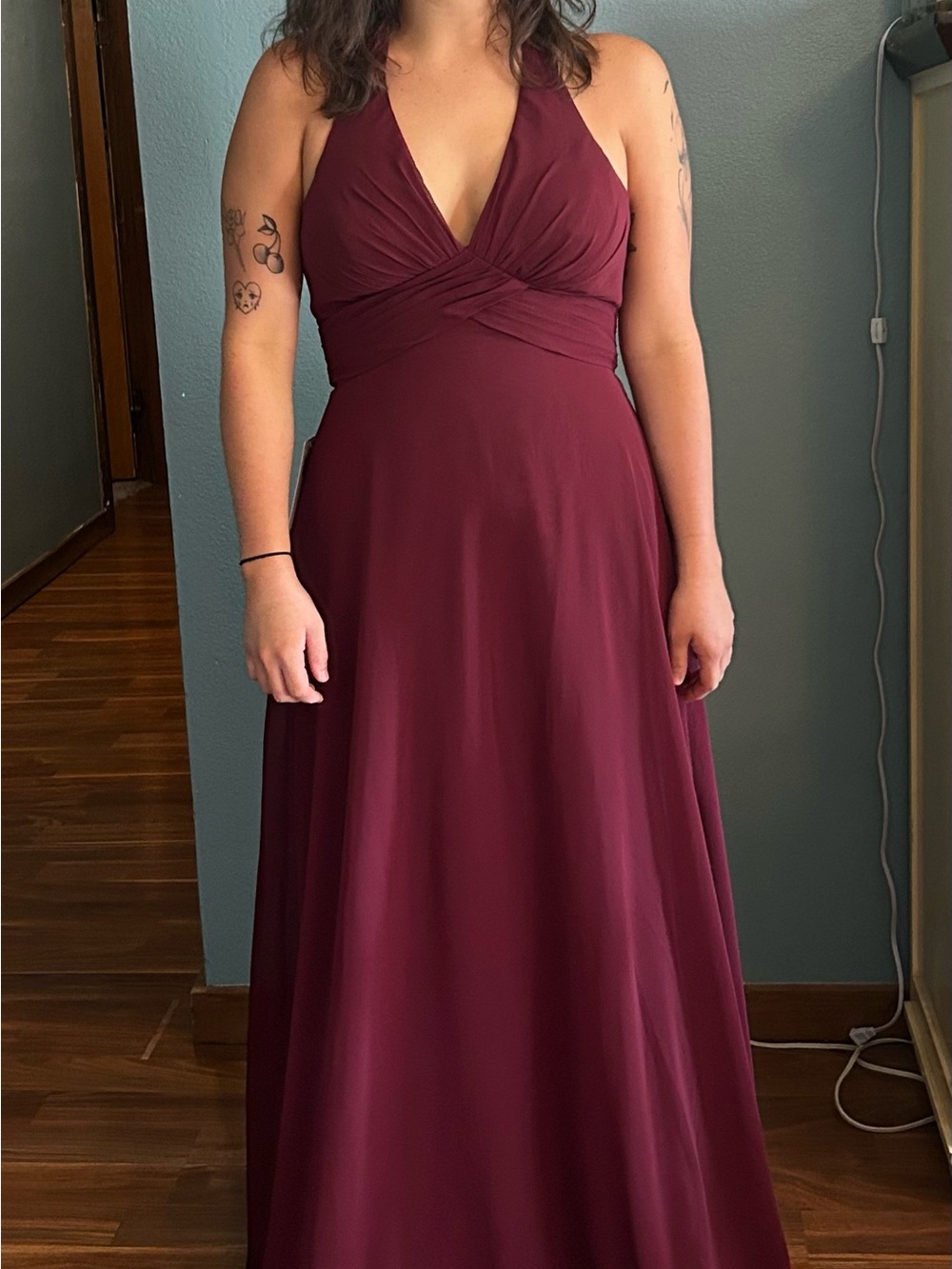Azazie Burgundy Halter Prom Gown